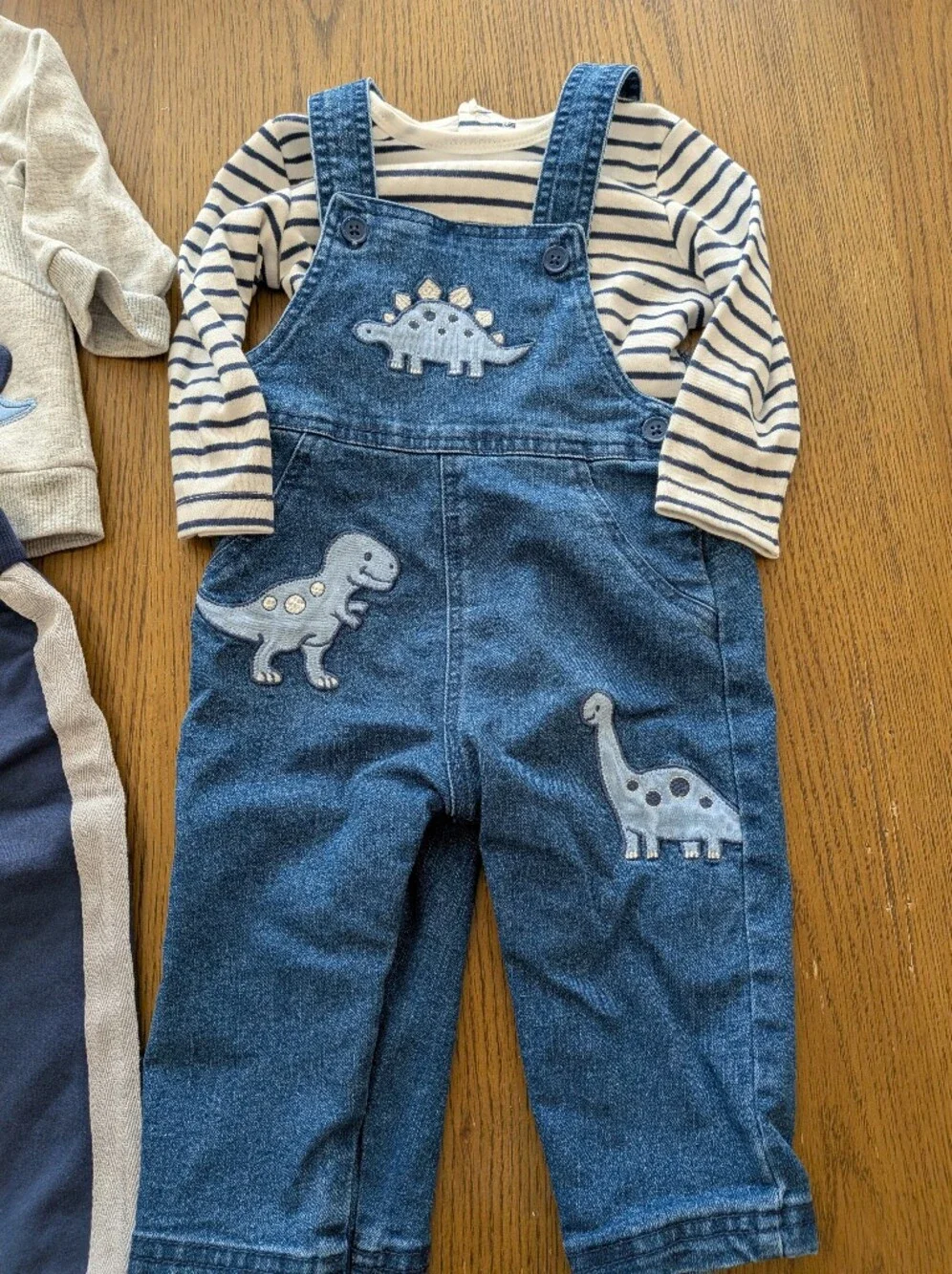 Little Me Blue Denim Dino Overalls & Lounge Outfit, Sz. 12 Months
